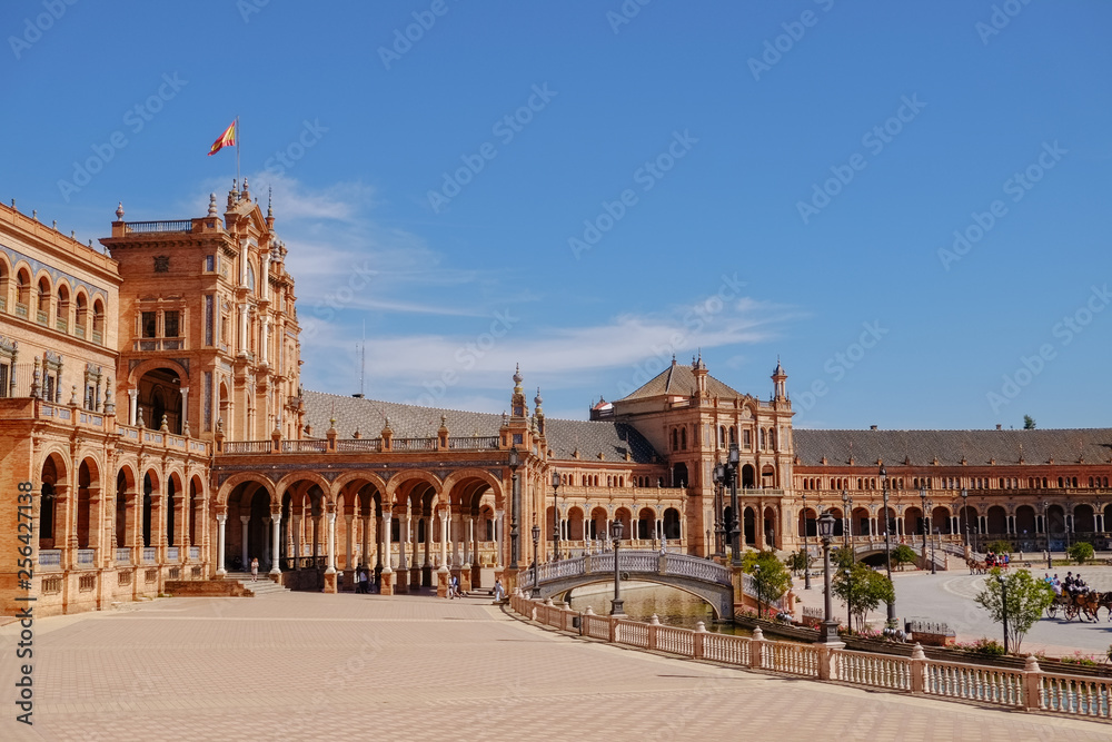Landscape view of famous ancient landmark Plaza de España. Seville Spain.