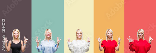 Collage of beautiful blonde woman over vintage isolated background showing and pointing up with fingers number nine while smiling confident and happy.