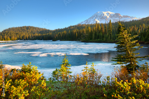 Frozen Reflection Lake and Mount Rainier at Mount Rainier National Park, Washington State, USA