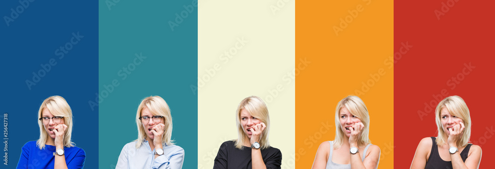 Fototapeta premium Collage of beautiful blonde woman over colorful vintage isolated background looking stressed and nervous with hands on mouth biting nails. Anxiety problem.