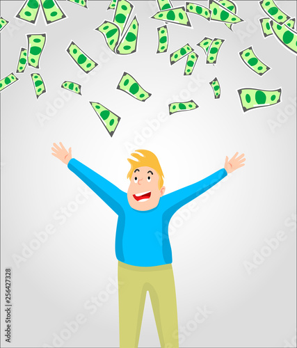 Cash/money/currency bills falling around young man