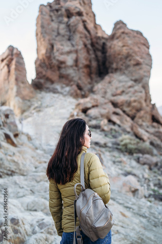 Pretty tourist brunette girl walking near mountains.