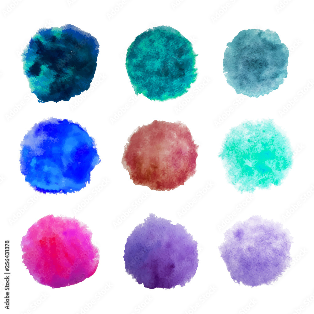Rainbow colors watercolor paint stains vector backgrounds set. Isolated objects
