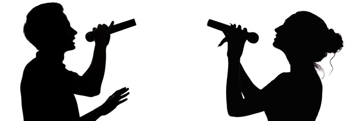 profile silhouette of a talented guy and girl singing a duet into a microphone, concept art of voice and music, love and relationships on a white isolated background