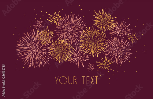 Template design of invitation with gold fireworks. Festive design postcards, invitations, brochures, cover, border. element for design. Design element for elegant festive projects and awards 