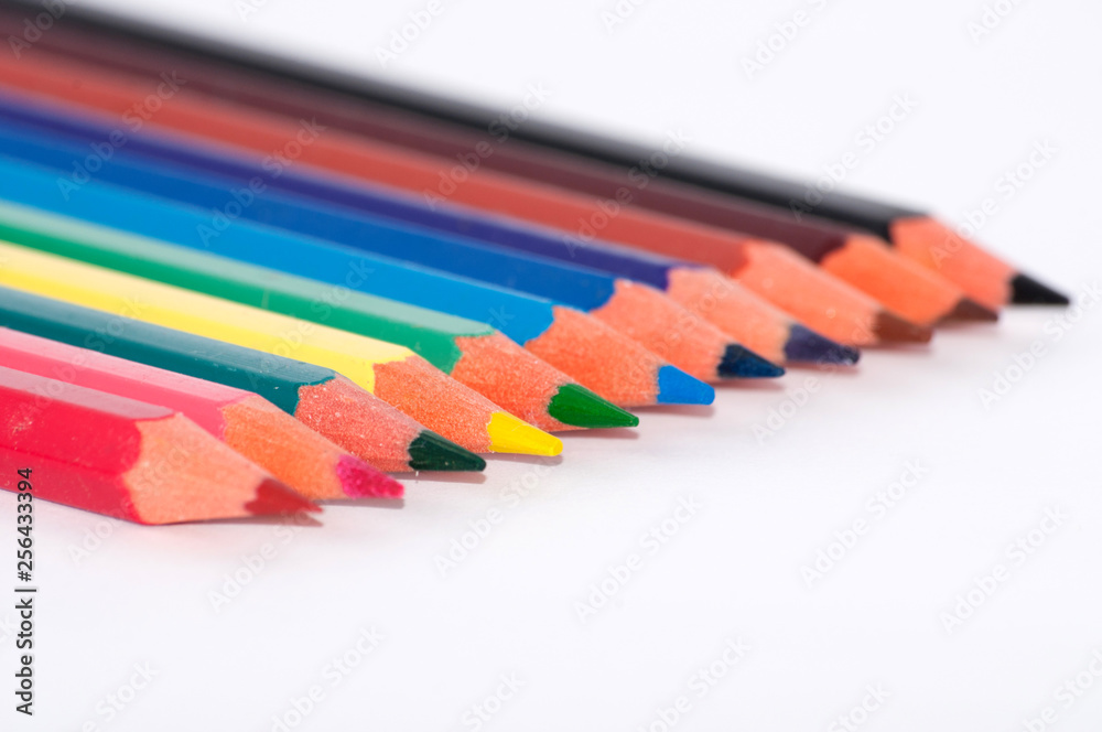Fototapeta premium Many colored pencils on a white background close-up, macro, side view, with space for text.