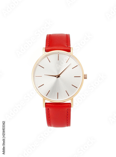 Classic women gold watch white dial, red leather strap isolate white background