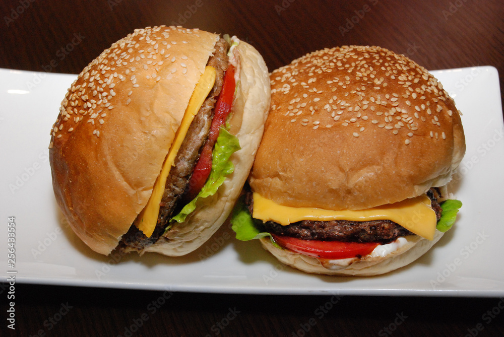 Two burgers with cutlet and cheese on the white plate Two burgers with cutlet and cheese on the white plate