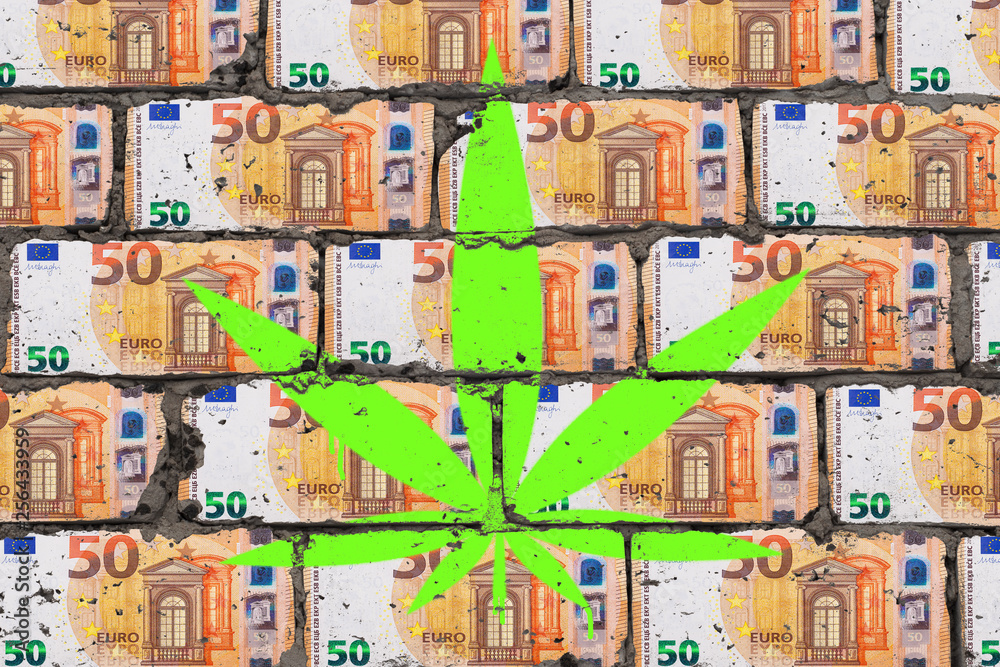 Painted cannabis leaf on wall of euro. Hemp business art concept.