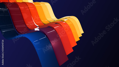 Abstract background with waving colorful stripes. Geometric 3D illustration with soft shadows and reflection. Elegant isolated backdrop in 4K