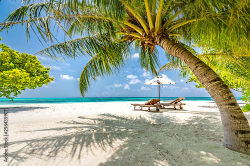 Piękna plaża. Krzesła na piaszczystej plaży w pobliżu morza. Letnie wakacje i koncepcja wakacje. Krajobraz tropikalnej plaży. Egzotyczne wakacje i letnie wakacje koncepcja