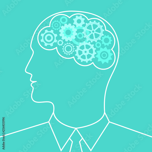 Head businessman with gears in brain. Human head thinking. Business concept. Vector illustration.