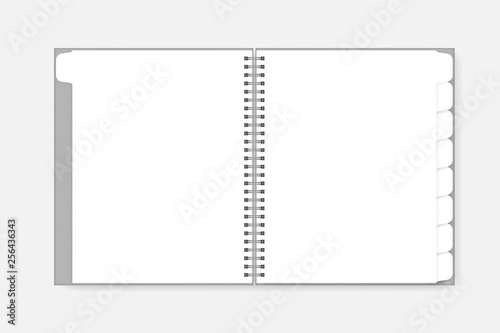 Open blank spiral notebook with tab dividers, vector mockup. Wire bound diary with white pages, template