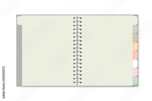 Open spiral notebook with tab divider pastel colored pages isolated on white background, realistic mockup. Blank wire bound notepad spread, vector template