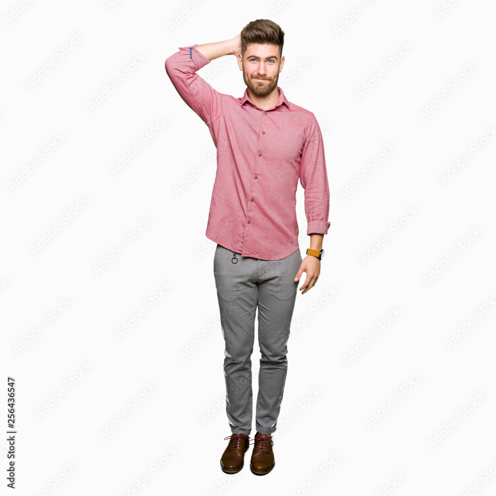 Young handsome business casual man confuse and wonder about question. Uncertain with doubt, thinking with hand on head. Pensive concept. Young handsome business casual man confuse and wonder about question. Uncertain with doubt, thinking with hand on head. Pensive concept.