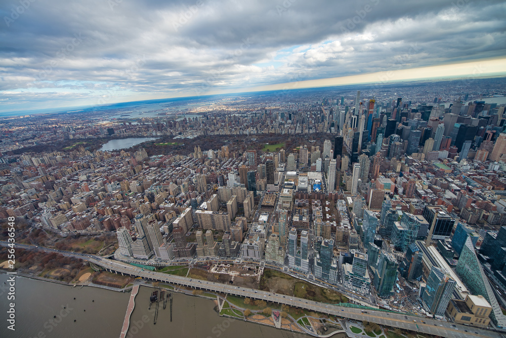 Wide angle aerial view of Midtown Manhattan and Central Park from helicopter, New York City