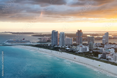 Miami Beach skyline at sunset. Wonderful aerial view from the sky