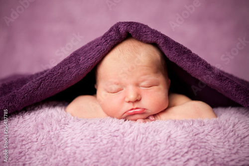 Newborn Baby Girl Sleeping Peacefully Under Blanket - Infant Portrait