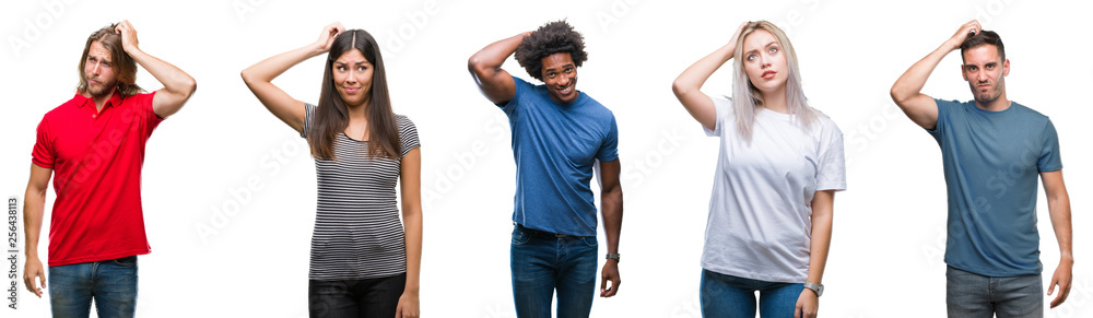 Composition of african american, hispanic and caucasian group of people over isolated white background confuse and wonder about question. Uncertain with doubt, thinking with hand on head Composition of african american, hispanic and caucasian group of people over isolated white background confuse and wonder about question. Uncertain with doubt, thinking with hand on head