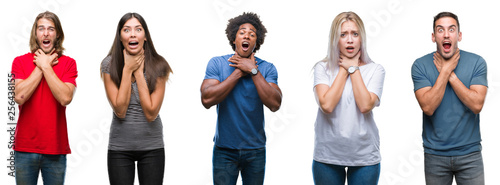 Composition of african american, hispanic and caucasian group of people over isolated white background shouting and suffocate because painful strangle. Health problem. Asphyxiate and suicide concept.