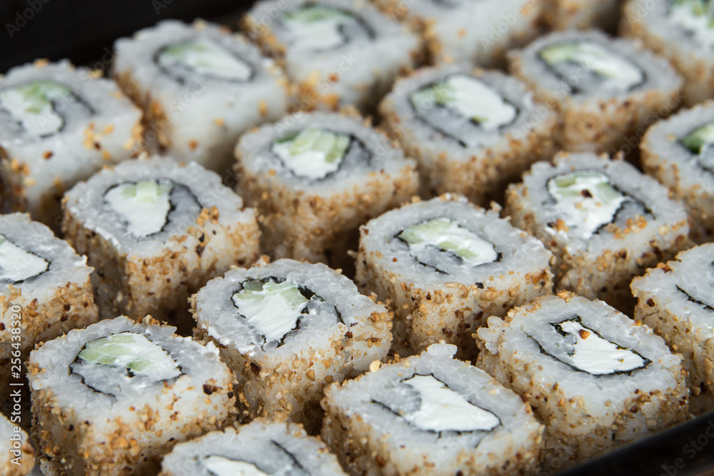 Japanese sushi rolls on a white background. close view Japanese sushi rolls on a white background. close view