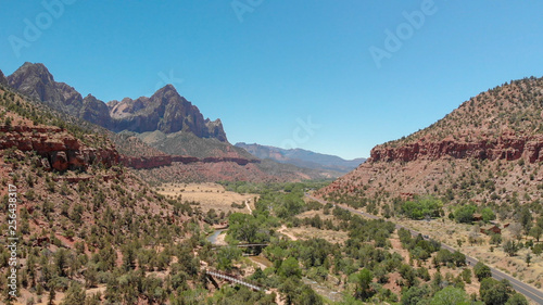 Mountains of Zion National Park, Utah. Aerial view in summer
