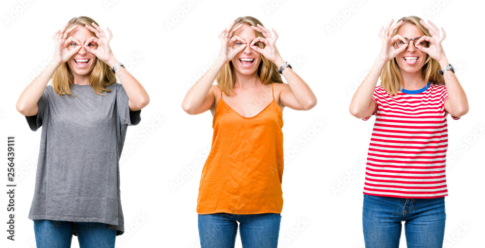 Collage of beautiful blonde woman over white isolated background doing ok gesture like binoculars sticking tongue out, eyes looking through fingers. Crazy expression. Collage of beautiful blonde woman over white isolated background doing ok gesture like binoculars sticking tongue out, eyes looking through fingers. Crazy expression.