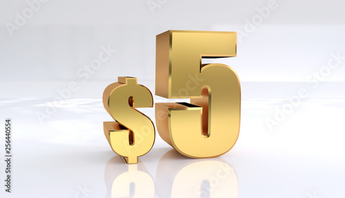 5 dollar price symbol. red text number 3d render with dollar sign on white background - Illustration