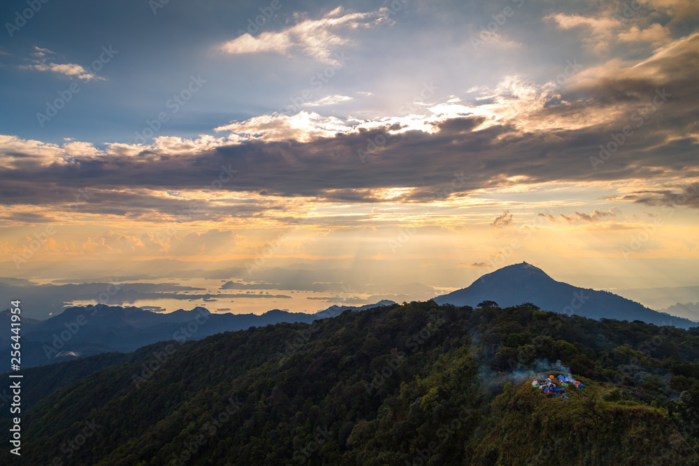 Orange Light of sunset. Sunset view from mountaintop. Thailand. 