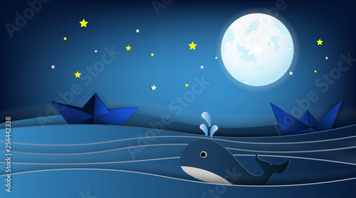 Sailboats on the ocean landscape with Whale and stars in night sky,Goodnight concept.Paper art style.