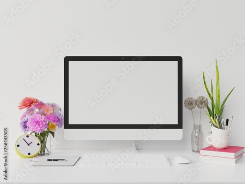 Mockup desktop computer on wooden desk on white wall background,3D rendering