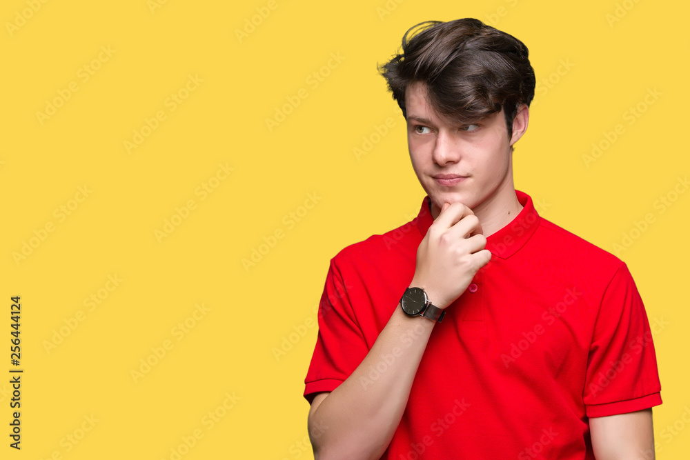 Young handsome man wearing red t-shirt over isolated background looking confident at the camera with smile with crossed arms and hand raised on chin. Thinking positive. Young handsome man wearing red t-shirt over isolated background looking confident at the camera with smile with crossed arms and hand raised on chin. Thinking positive.