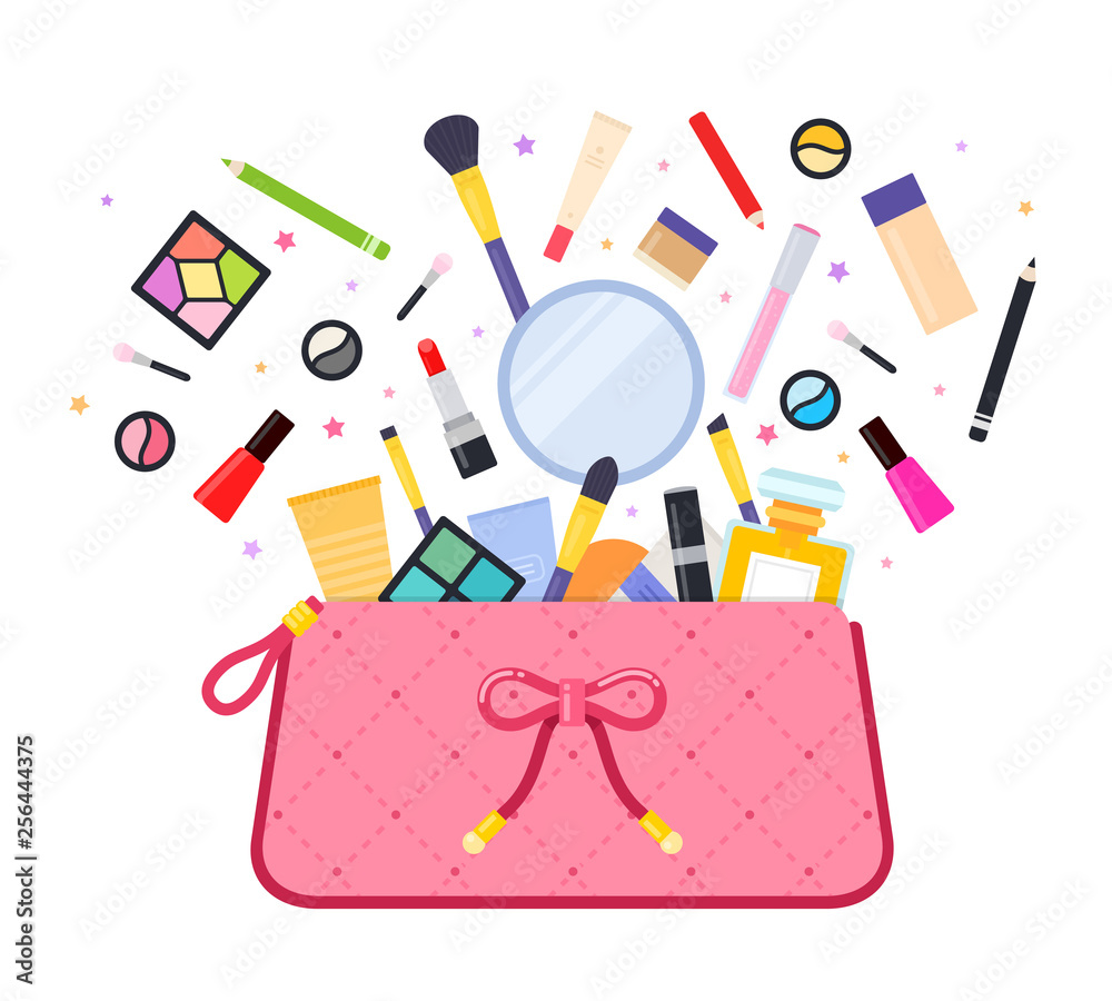 Cosmetics flying out of the bag vector icon flat isolated illustration Cosmetics flying out of the bag vector icon flat isolated illustration