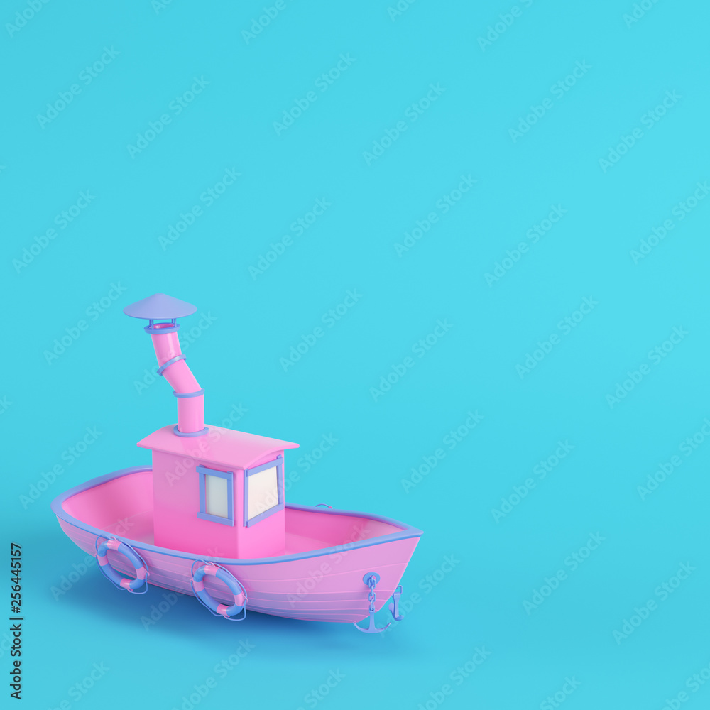 Pink fishing boat on bright blue background in pastel colors Pink fishing boat on bright blue background in pastel colors