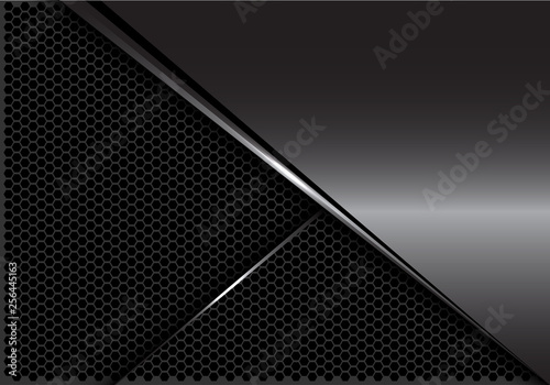 Abstract glossy grey metal silver line on dark hexagon mesh design modern luxury futuristic background vector illustration.