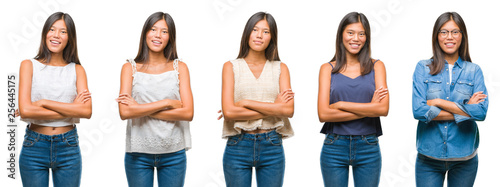 Collage of asian young woman standing over white isolated background happy face smiling with crossed arms looking at the camera. Positive person.