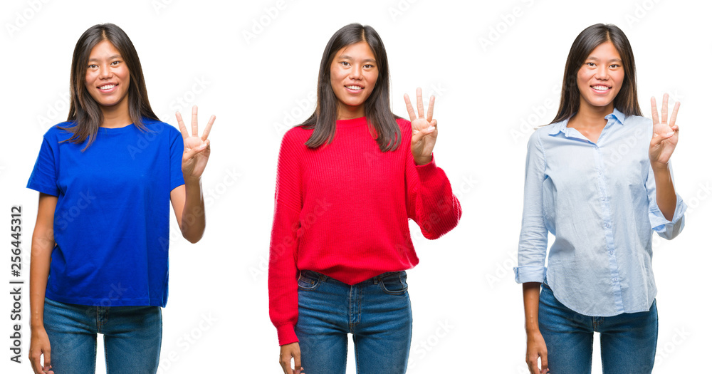 Collage of asian young woman standing over white isolated background showing and pointing up with fingers number three while smiling confident and happy.