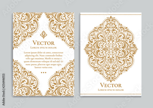 Gold and white vintage greeting card design. Luxury vector ornament template. Great for invitation, flyer, menu, brochure, postcard, background, wallpaper, decoration, packaging or any desired idea.