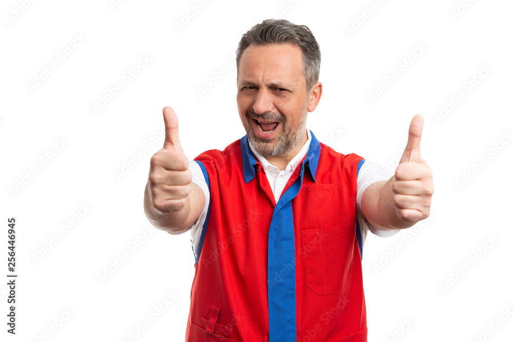 Supermarket employee showing double thumbs up. Supermarket employee showing double thumbs up.