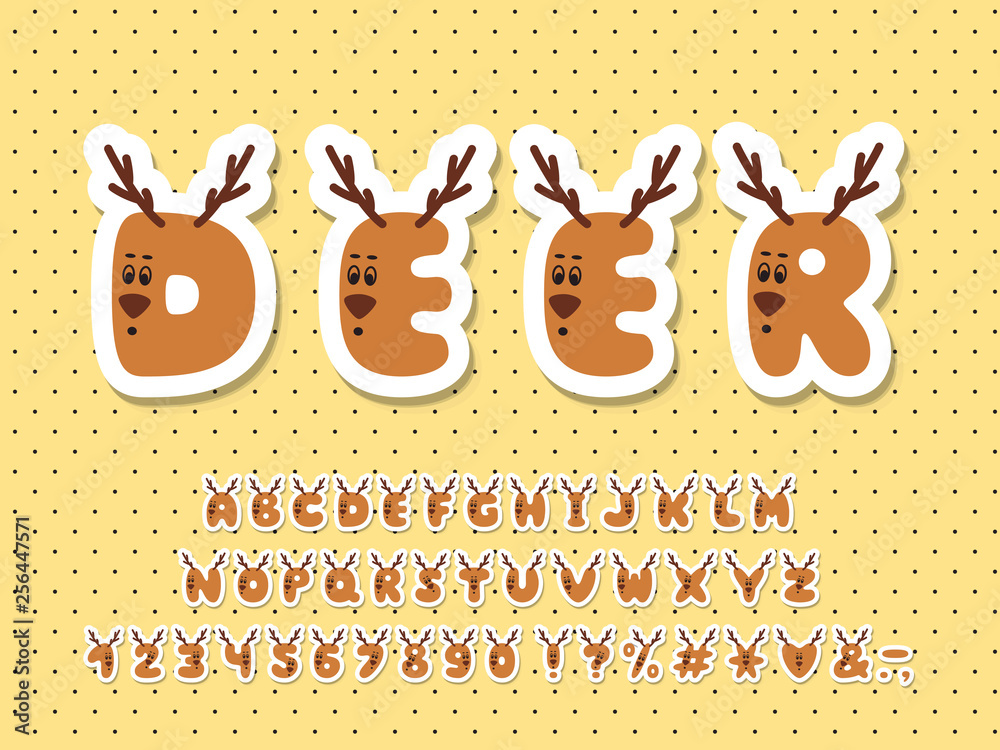Naklejka premium Cartoon Alphabet deer sticker design. Vector Letters and numbers