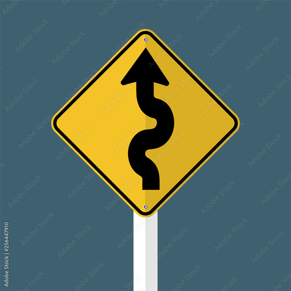 Winding Traffic Road Sign isolated on grey sky background.Vector illustration Winding Traffic Road Sign isolated on grey sky background.Vector illustration