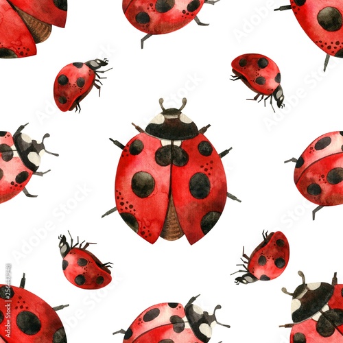 Watercolor pattern cute red ladybug, insects in watercolor technique is perfect for printing fabrics, Wallpaper, paper, etc-Illustration