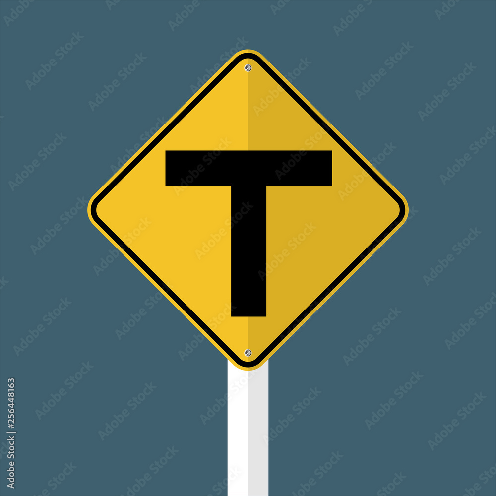 T-Junction Traffic Road Sign isolated on grey sky background.Vector illustration T-Junction Traffic Road Sign isolated on grey sky background.Vector illustration