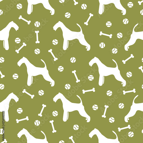 Seamless pattern with dog, bone, tennis ball.