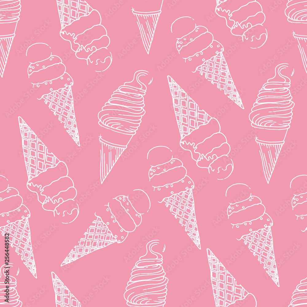 Seamless print of ice cream in a waffle Cup on a pink background.