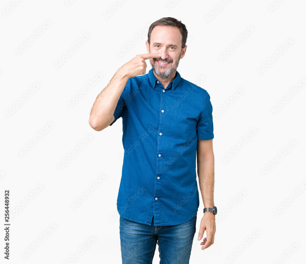 Handsome middle age elegant senior man over isolated background Pointing with hand finger to face and nose, smiling cheerful Handsome middle age elegant senior man over isolated background Pointing with hand finger to face and nose, smiling cheerful