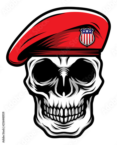 Detailed Classic Skull Head Wearing Red Military Army Beret Illustration