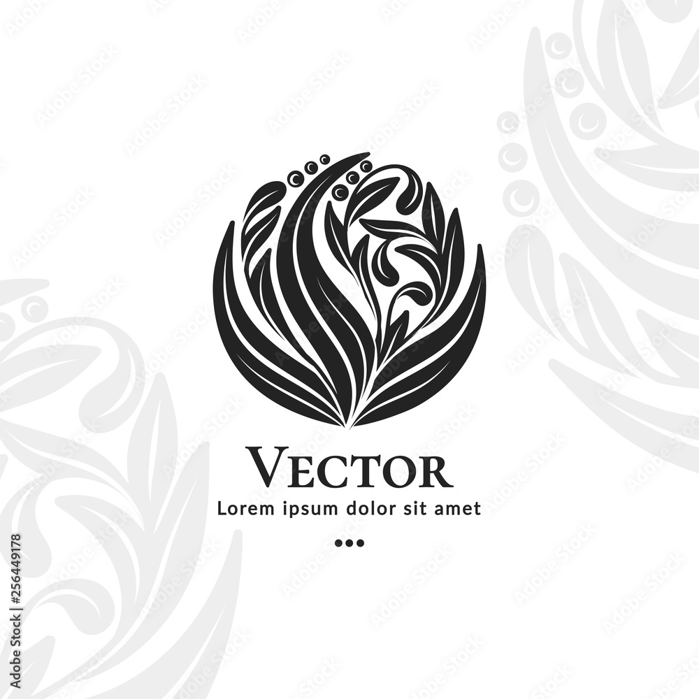 Black leaf emblem. Elegant, classic vector. Can be used for jewelry, beauty and fashion industry. Great for logo, monogram, invitation, flyer, menu, brochure, background, or any desired idea.