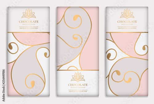 Luxury golden packaging design of chocolate bars. Vintage vector ornament template. Elegant, classic elements. Great for food, drink and other package types. Can be used for background and wallpaper