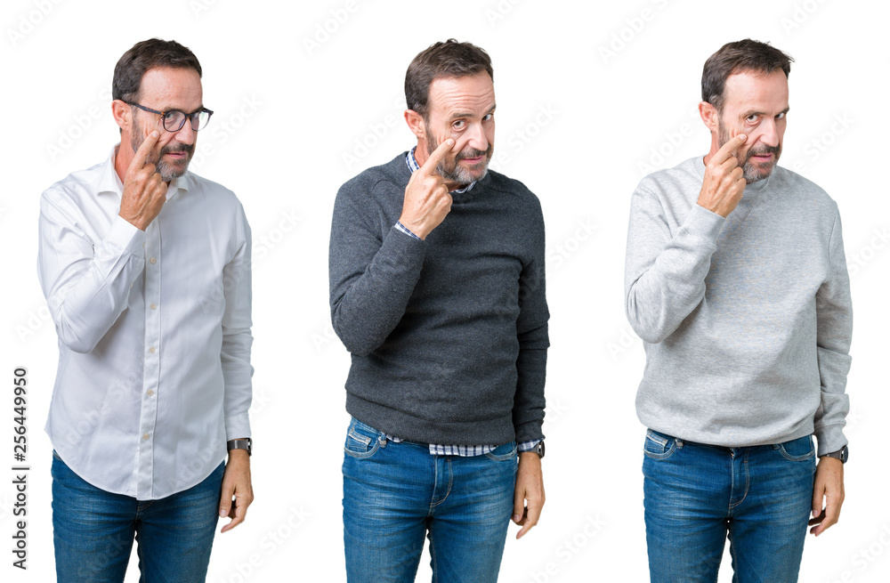 Collage of handsome senior man over white isolated background Pointing to the eye watching you gesture, suspicious expression Collage of handsome senior man over white isolated background Pointing to the eye watching you gesture, suspicious expression